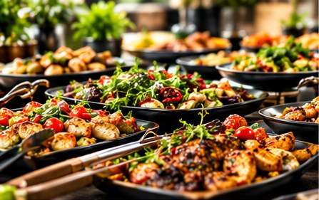 Buffet spread of grilled meats, salads and roasted vegetables