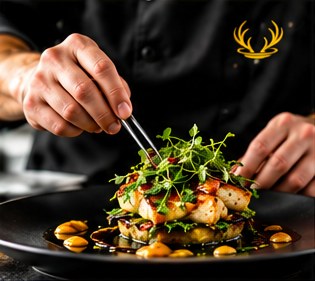 Chef plating a dish with tweezers
