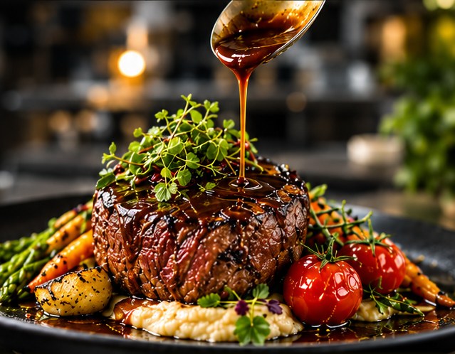 Glazed fillet steak with roasted vegetables and fresh herbs